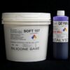 A white container labeled "10 lb Kit : Soft 107" next to a purple bottle labeled "cat purple catalyst," both against a black background.