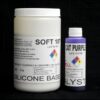 Two containers labeled "2 lb Kit : Soft 107 – (7 shore A durometer) – Regular Pot Life Mold Making Silicone" and "cat purple catalyst" for industrial use, displayed against a black background.