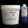 White plastic bucket labeled '10 lb Kit : Medium 122 – (22 shore A durometer) – Longer Pot Life Mold Making Silicone' and a blue plastic bottle labeled 'catalyst' arranged on a black background.