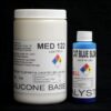 Two chemical containers on a black background, one large white labeled "2 lb Kit : Medium 122 – (22 shore A durometer) – Longer Pot Life Mold Making Silicone" and a smaller blue one labeled "cat blue slow catalyst".