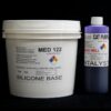 A white bucket labeled "10 lb Kit : Medium 122 silicone base" and a purple bottle labeled "cat purple catalyst" against a black background. both containers display hazard symbols and product details.