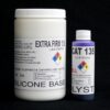 Two containers of chemicals labeled "2 lb Kit : Extra Firm 135 – (35 shore A durometer) – Regular Pot Life Mold Making Silicone" and "cat 135 catalyst" with hazard symbols, on a black background.