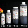 Four 2 oz Black Catalyst ink bottles in varying sizes (2 oz, 4 oz, 8 oz, 16 oz) labeled with detailed product information, arranged in ascending order against a black background.