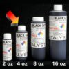 Four different-sized bottles of 4 oz Black Catalyst ink labeled 2 oz, 4 oz, 8 oz, and 16 oz, with an arrow pointing to the smallest bottle.