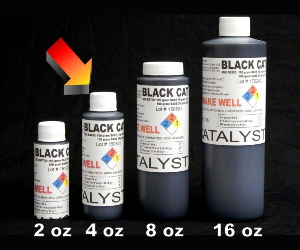 Four different-sized bottles of 4 oz Black Catalyst ink labeled 2 oz, 4 oz, 8 oz, and 16 oz, with an arrow pointing to the smallest bottle.