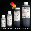 Four bottles of 8 oz Black Catalyst tattoo ink in different sizes—2 oz, 4 oz, 8 oz, 16 oz—arranged in ascending order against a black background.