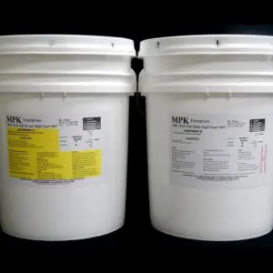 Two large white plastic buckets with lids, labeled by mpk enterprises, containing 80 lb Kit : MPK-1019 : 8 lb Rigid Pour Foam.