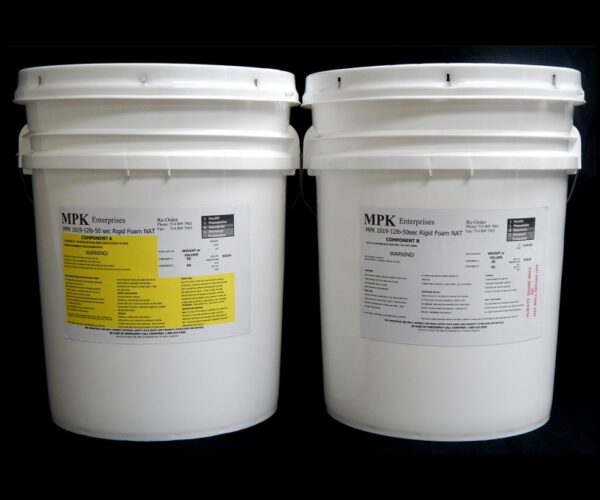 Two large white plastic buckets with lids, labeled by mpk enterprises, containing 80 lb Kit : MPK-1019 : 8 lb Rigid Pour Foam.