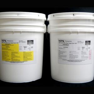 Two white industrial buckets with labels from mpk enterprises, one containing 80 lb Kit : MPK-1019 : 20 lb Rigid Pour Foam and the other polyol, against a black background.