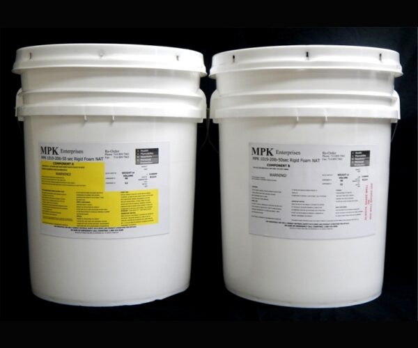 Two white industrial buckets with labels from mpk enterprises, one containing 80 lb Kit : MPK-1019 : 20 lb Rigid Pour Foam and the other polyol, against a black background.