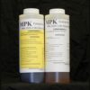 Two bottles labeled as 2 lb Kit MPK-1019 epoxy resin components a and b, each with extensive warning and product information, against a black background.