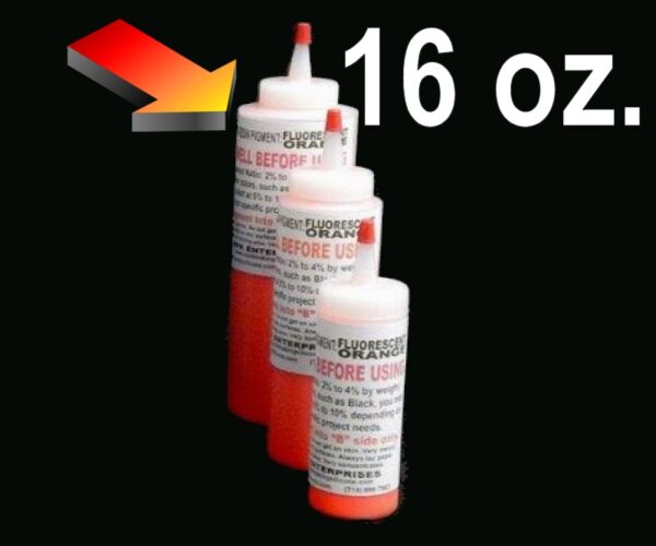 Three tubes of the 16 oz Pigment-Fluorescent Orange marking paint with a red arrow pointing at the text "16 oz" on a dark background.