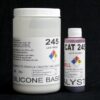 Two containers labeled "2 lb Kit : QM 245 : 45 shore A – Platinum Silicone" and "catalyst," featuring hazard symbols, emergency contact numbers, and storage instructions, set against a black background.