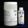 Two bottles labeled "2 lb Kit : QM 262 : 62 shore A – Platinum Silicone" and "catalyst" with hazard identification numbers on a black background.