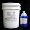 A white bucket labeled "44 lb Kit : QM 262 : 62 shore A – Platinum Silicone" and a blue bottle labeled "catalyst" against a black background.