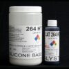 Two 2 lb Kit : QM 264 HT: 60 shore A – Platinum Silicone – High Temp containers labeled "silicone base" and "catalyst" on a black background, with visible company logos and hazard symbols.