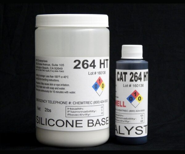 Two 2 lb Kit : QM 264 HT: 60 shore A – Platinum Silicone – High Temp containers labeled "silicone base" and "catalyst" on a black background, with visible company logos and hazard symbols.