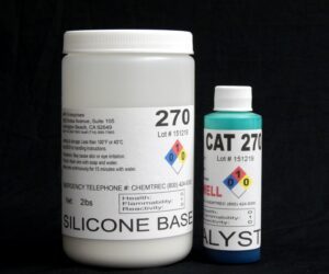 Two 2 lb Kit : QM 270 : 70 shore A – Platinum Silicone bottles labeled "silicone base" and "cat 270 catalyst" against a black background.