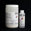 Two containers of 2 lb Kit : QM 280 : 80 shore A – Platinum Silicone base and catalyst against a black background, featuring labels with hazard symbols and storage instructions.