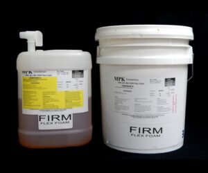 Two large containers of 5 Gal Kit MPK-301 flex foam, one transparent and one white, each with detailed labeling and safety instructions.