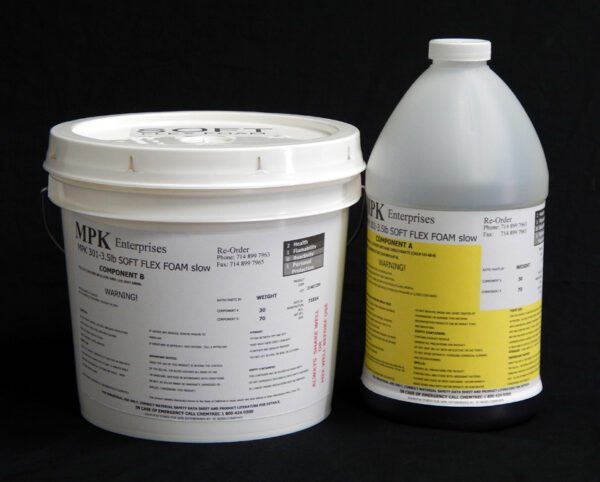 Two industrial containers labeled "1 Gal Kit (11.5 lb) : MPK-301 : 6 lb Medium Pour Foam – (3.5 lb A and 8 lb B) re-order" with chemical content details against a black background. One is a white bucket, and the other a white bottle.