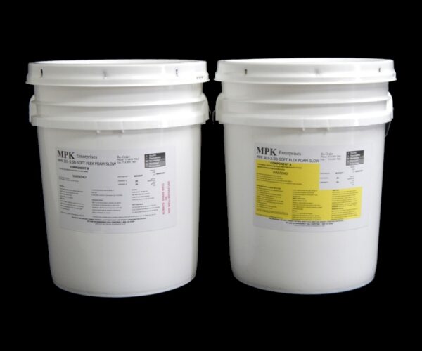 Two 5 Gal Kit (57 lb) MPK-301 : 3.5 lb Soft Pour Foam (17 lb A and 40 lb B) with labels, isolated on a black background.