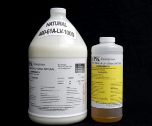 Two containers of 1 Gallon Kit MPK 400-61A-100sec NATURAL adhesive resin, one large and one small, with detailed labels, against a black background.