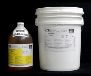 A large white plastic 5 Gal Pail Kit MPK 400-40A-100sec NATURAL next to a brown jug, both labeled "mpk enterprises," on a black background.