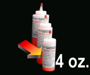 Three tubes of 4 oz Pigment-Fluorescent Orange with a red arrow pointing to one and text "4 oz." indicating the quantity.