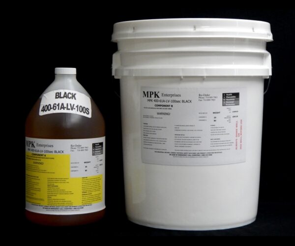 A large white plastic 5 Gallon Pail Kit MPK 400-81A-100sec BLACK next to a brown bottle labeled "black 4006-1a-lv-100s" on a black background.