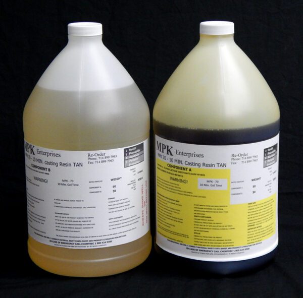 Two large jugs of 16 lb Kit : MPK-70 : 10 Min Polyurethane Casting Resin, labeled with technical specifications and safety warnings, against a black background.