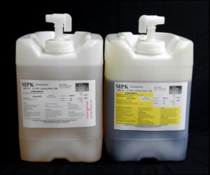 Two large plastic containers with pumps, labeled by mpk enterprises, containing 80 lb Kit : MPK-70 : 10 Min Polyurethane Casting Resin tan, against a black background.