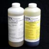 Two bottles labeled as 4 lb Kit MPK-70 : 5 Min Polyurethane Casting Resin, component a and component b, with warning labels, against a black background.