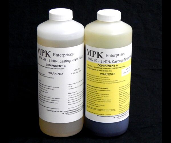 Two bottles labeled as 4 lb Kit MPK-70 : 5 Min Polyurethane Casting Resin, component a and component b, with warning labels, against a black background.