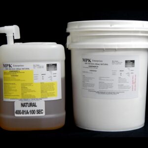 Two large white 5 Gallon Kit MPK 400-81A-100sec NATURAL containers with labels and safety warnings on a black background.