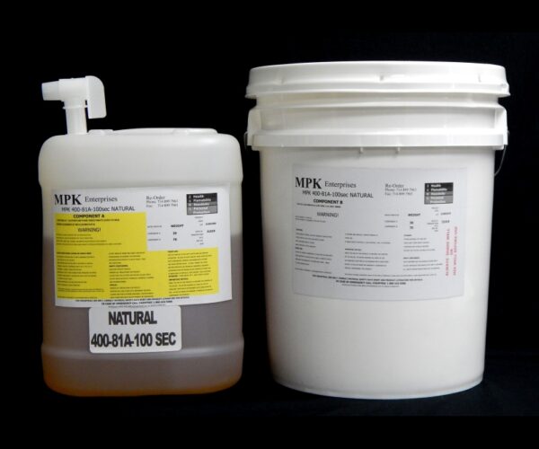 Two large white 5 Gallon Kit MPK 400-81A-100sec NATURAL containers with labels and safety warnings on a black background.