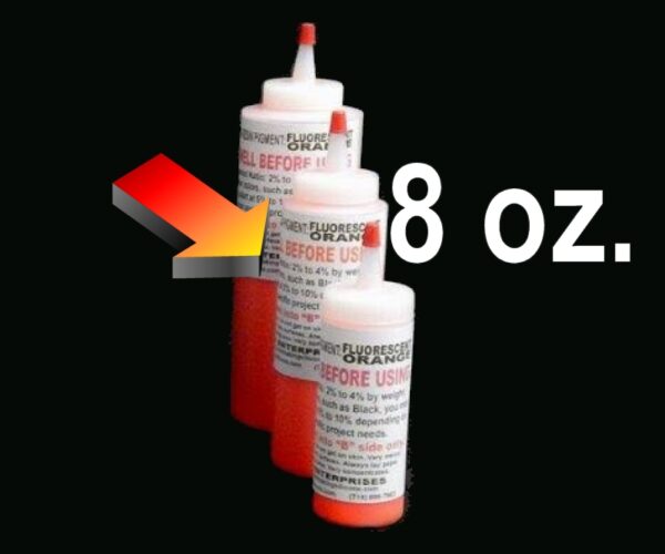 Three dental fluoride varnish bottles with an 8 oz Pigment-Fluorescent Orange arrow pointing at the text "8 oz." on a black background.