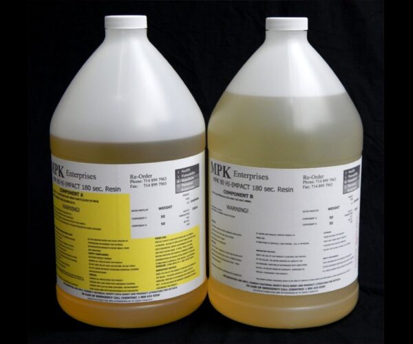 Two large plastic jugs containing 16 lb Kit : MPK-90 : Hi Impact 3 Min. Polyurethane Casting Resin, labeled as component a and component b, against a black background.