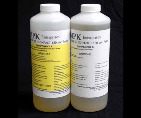 Two bottles labeled "component a" and "component b" for a 4 lb Kit MPK-90 Hi Impact 3 Min. Polyurethane Casting Resin mixture by kpk enterprises, against a black background.