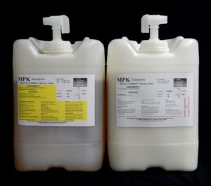 Two large plastic containers of 80 lb Kit : MPK-90PB : 3 Min Hi Impact PREMIUM BLACK Polyurethane Casting Resin, each with a label and a pump dispenser, against a black background.