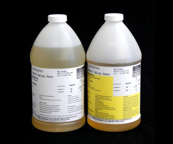 Two labeled 8 lb Kit : MPK-90 : Hi Impact 3 Min. Polyurethane Casting Resin containers, one partially filled with a translucent yellow liquid and the other similarly filled but clearer, against a black background.