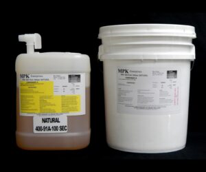 Two labeled chemical containers, one jug and one bucket, on a black background with the 5 Gallon Kit MPK 400-91A-100sec NATURAL.