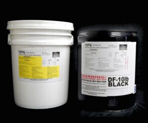 Two DF10lb BLACK Pail Kits, one white and one black, with detailed labels and warning information, against a black background.