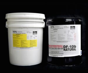 Two DF10lb NATURAL Pail Kits, one white and one black, with labels, against a black background.