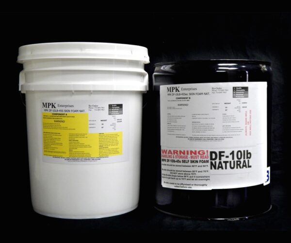 Two DF10lb NATURAL Pail Kits, one white and one black, with labels, against a black background.