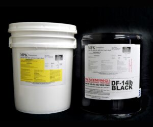 Two DF14lb BLACK Pail Kits, with detailed labels and warnings, against a black background.