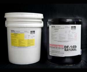 Two DF14lb NATURAL Pail Kits against a black background; one white and unmarked, the other black with detailed chemical labels.