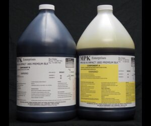 Two large industrial chemical containers labeled "16 lb Kit : MPK-90PB : 3 Min Hi Impact PREMIUM BLACK Polyurethane Casting Resin," one for component a and the other for component b, against a black background.