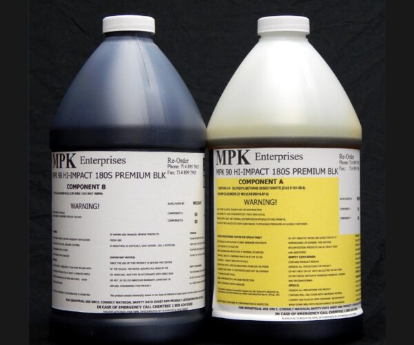 Two 8 lb Kits of MPK-90PB : 3 Min Hi Impact PREMIUM BLACK Polyurethane Casting Resin, one with a blue label and the other with a yellow label, both labeled "mpk enterprises high-impact 1805 premium bulk" with warning symbols.