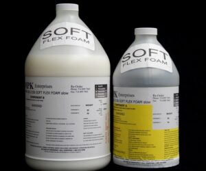 Two 1 Gal Kits (11.5 lb) : MPK-301 3.5 lb Soft Pour Foam – (3.5 lb A and 9 lb B) against a black background, each with detailed labels.